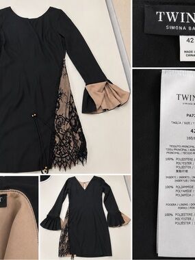 Twinset Simona Barbieri Black Dress with Beige Ruffle & Lace Panels